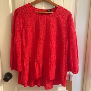 Halogen Red Eyelet Floral Top with ruffle hem